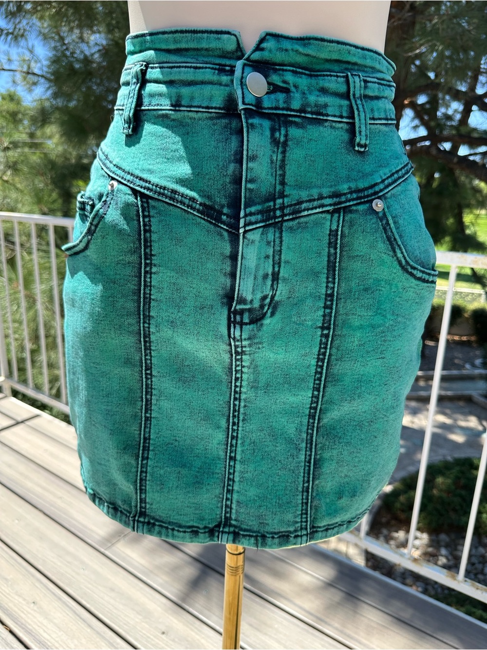 Fashion Nova Teal Acid-Wash High-Rise Denim Mini Skirt